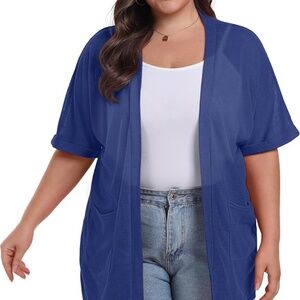 Cardigan Top 2X Kimono - Tunic Lightweight Semi Sheer Blue Pockets Cover Up Plus